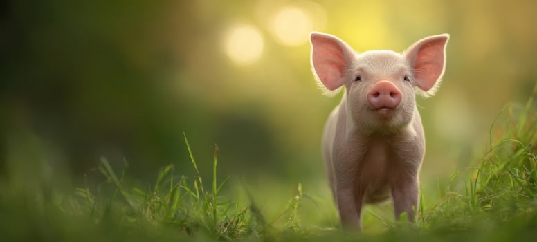 The adorable young piglet enjoying a sunny day in a lush green field. photo