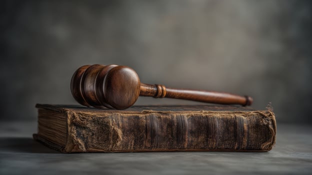 The gavel resting on a weathered legal book symbolizing justice and authority. photo