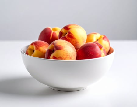 fresh ripe peaches in white bowl photo