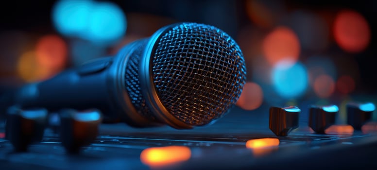 The microphone resting on a soundboard with vibrant bokeh lighting. photo