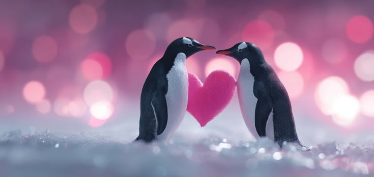 The Adorable Penguins Sharing a Love Heart in a Soft, Dreamy Setting photo