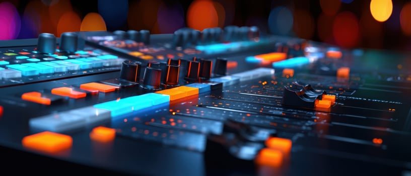 The colorful sound mixing console illuminated with vibrant light effects. photo