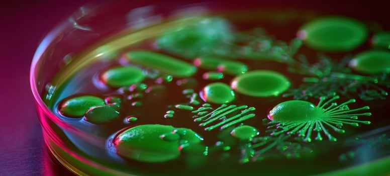 The vibrant green petri dish showcasing intricate microbial growth patterns. photo