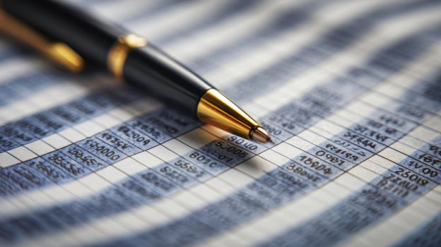 The pen resting on a financial spreadsheet filled with data. photo