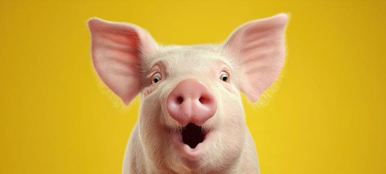 The cute pig with a surprised expression against a bright yellow background. photo