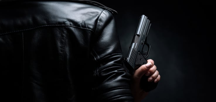 The gun held by a mysterious figure in a dark environment. photo