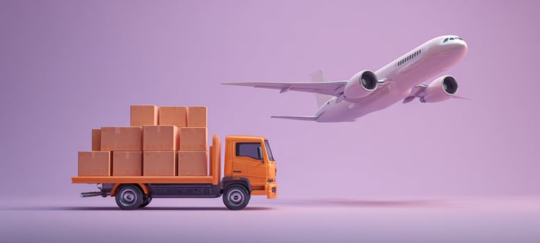 The orange delivery truck transporting boxes under a flying airplane in a modern scene. photo