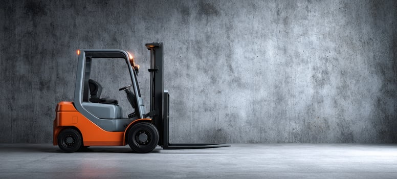 The modern orange forklift positioned against a textured gray background. photo