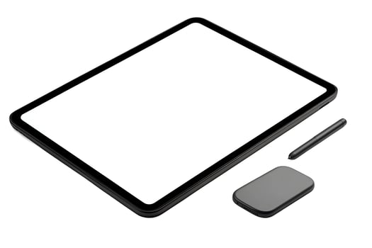 A tablet with a mouse and a pen on top photo
