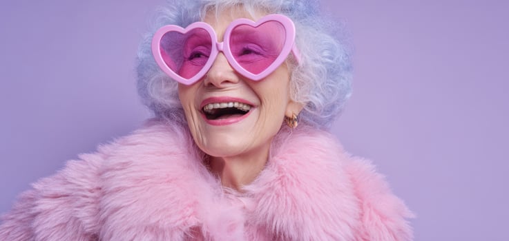The joyful elderly woman wearing heart-shaped sunglasses and fluffy pink attire. photo