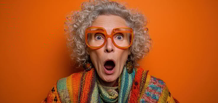 The elderly woman with a vibrant expression wearing colorful glasses and scarf. photo
