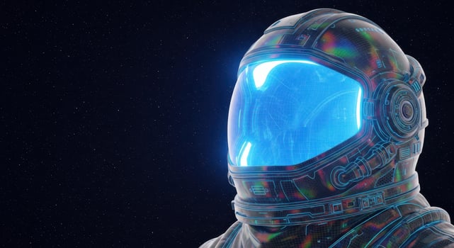 Astronaut helmet with glowing blue visor in outer space photo