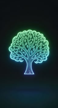 Glowing neon tree with vibrant green and blue light on dark background photo