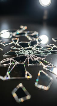 Shattered glass fragments reflecting light on a dark surface photo