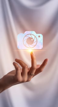 Hand holding a glowing digital camera icon with a sparkling lens photo