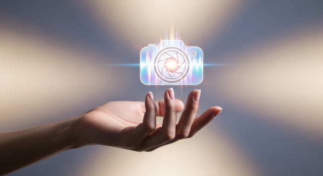Open palm presenting a glowing digital camera icon with light effects photo