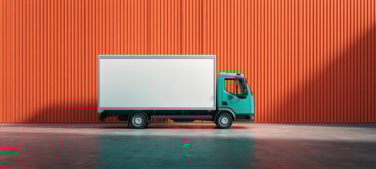 The truck parked against a vibrant orange background in an industrial setting. photo