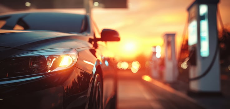 The sleek black car at a gas station during a stunning sunset. photo
