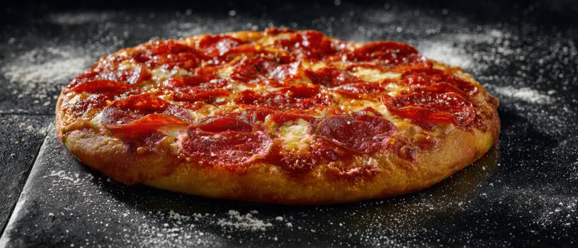 The mouthwatering pizza topped with pepperoni on a rustic black surface. photo