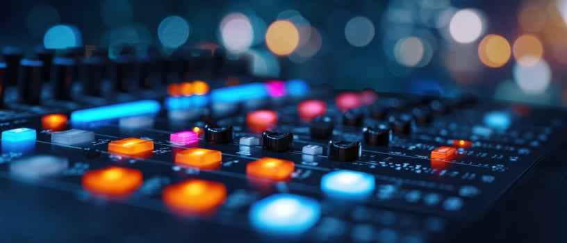 The colorful sound mixer with illuminated controls and a blurred nightlife background. photo