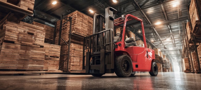 The red forklift operating in a bustling warehouse filled with wooden crates. photo