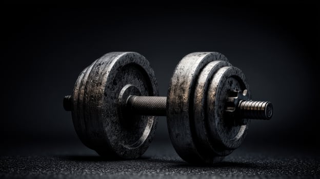 The heavy dumbbell lying on a textured surface with dramatic lighting. photo