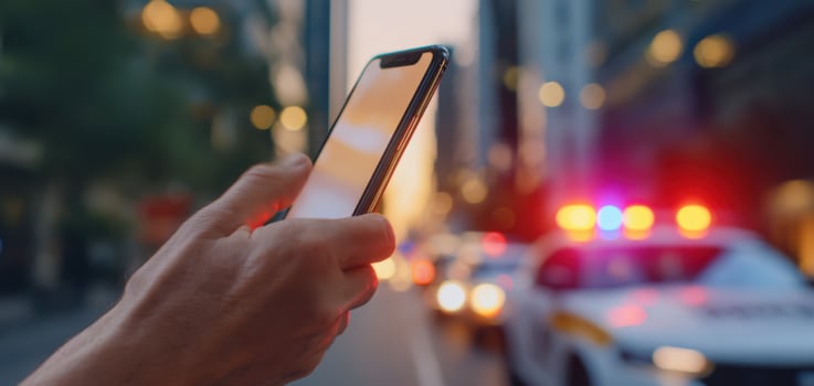 The smartphone displaying notifications near a police response scene at dusk. photo