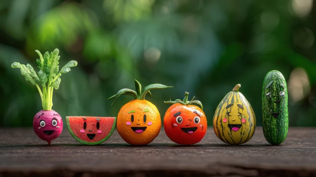 The playful arrangement of smiling fruits and vegetables on a wooden table. photo