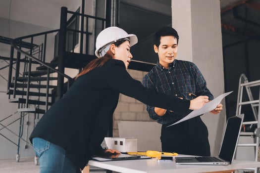 Two professionals discussing project plans photo