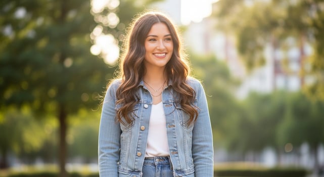 A beautiful young woman in jeans and a denim jacket photo