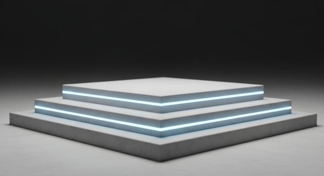 Three tiered concrete platform with blue neon light accents podium stage photo