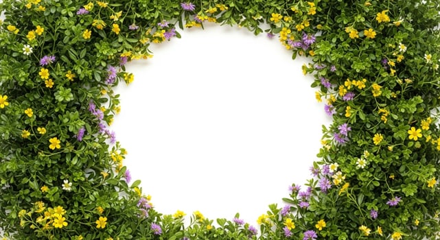Green foliage with yellow and purple flowers forming a border leaves photo