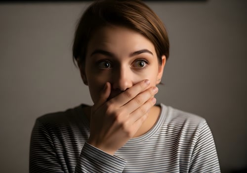 Gen Z unspoken reaction, fear, anxiety, shock, surprise, covering mouth with hand, emotional, photo