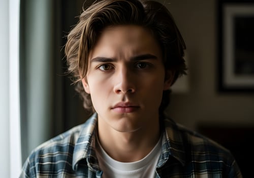 Intense gaze of a gen Z male portraying introspective emotional landscape photo