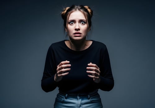Gen Z girl exhibiting a visceral fear response with wide eyes and a frozen stance conveying photo