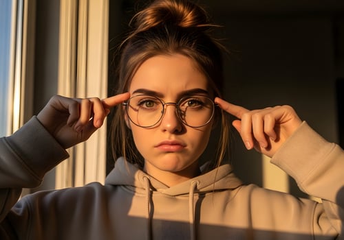 Gen Z girl in eyeglasses poses thoughtfully contemplating future concerns photo