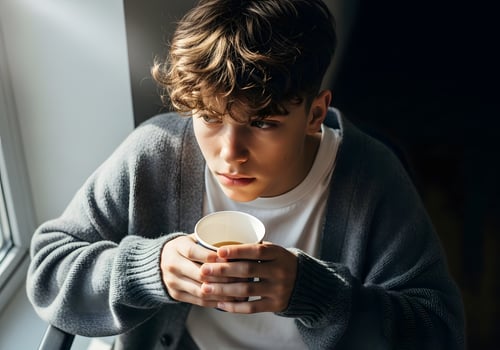 Gen Z's contemplative moment captured in soft light holding a warm beverage photo