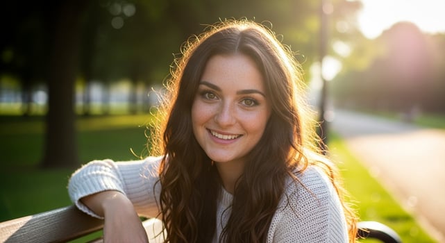 A woman is smiling while sitting on a bench photo
