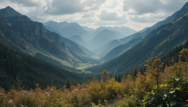 Majestic valley vista with forested slopes and distant hazy mountain ranges photo