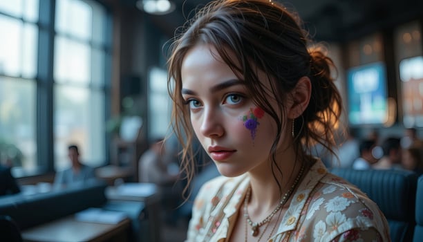 Introspective beauty portrait with floral face art in a relaxed cafe setting photo