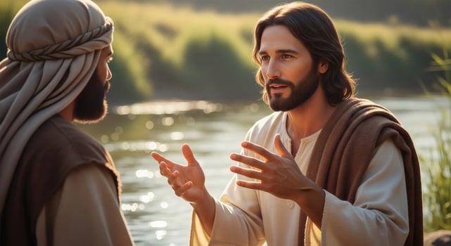 A serene depiction of Jesus in conversation imparting spiritual wisdom photo