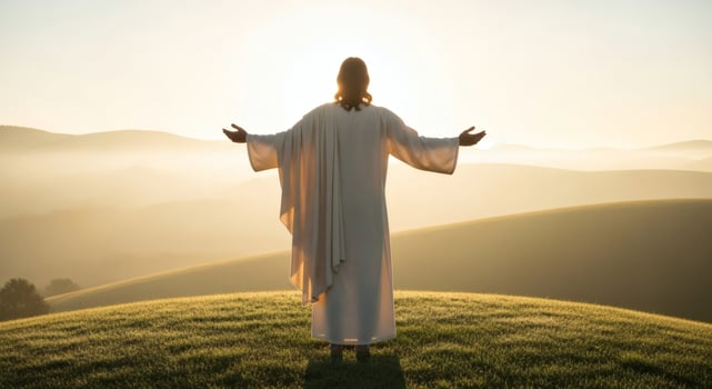 Encountering hope and serenity, a spiritual figure embracing nature's sunrise photo