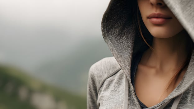 Young woman in grey hoodie posing on mountain peak. Blurred background. meditation, faceless, copy space. photo