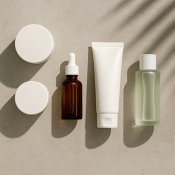Flat lay of modern skincare containers jars, dropper bottle, tube, and toner, arranged on neutral surface with soft natural shadows. Clean beauty concept. photo