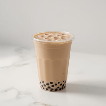 Coffee milk drink topped with boba on a white background photo