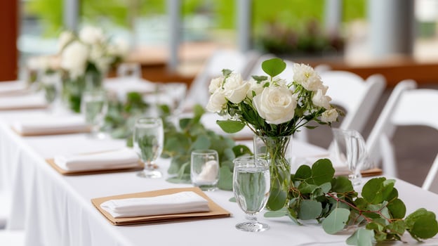 Eucalyptus garland and white flowers create a sophisticated centerpiece on a table, reception ready wedding for celebrating photo