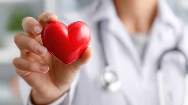 Medical professional grasping heart, awareness symbolizing cardiac health red and preventive care photo