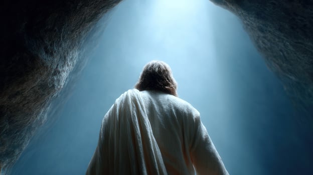 Jesus christ walks from a dark cave into a bright heavenly light, symbolizing resurrection, hope, and new beginnings photo