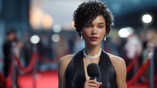 media female journalist reporting at glamorous red carpet event, microphone in hand, exuding confidence and Professional expertise photo