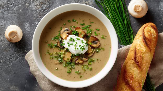 Creamy mushroom soup garnished with chives, sour rustic and mushroom slices in cream, brown bowl against neutral gray backdrop photo